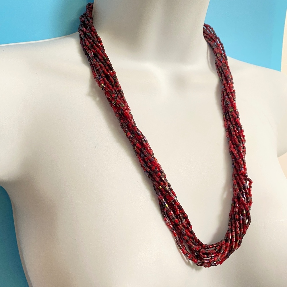 Glass Beads Necklace Red Burgundy Multi-Strand With Gold Tone Clasp